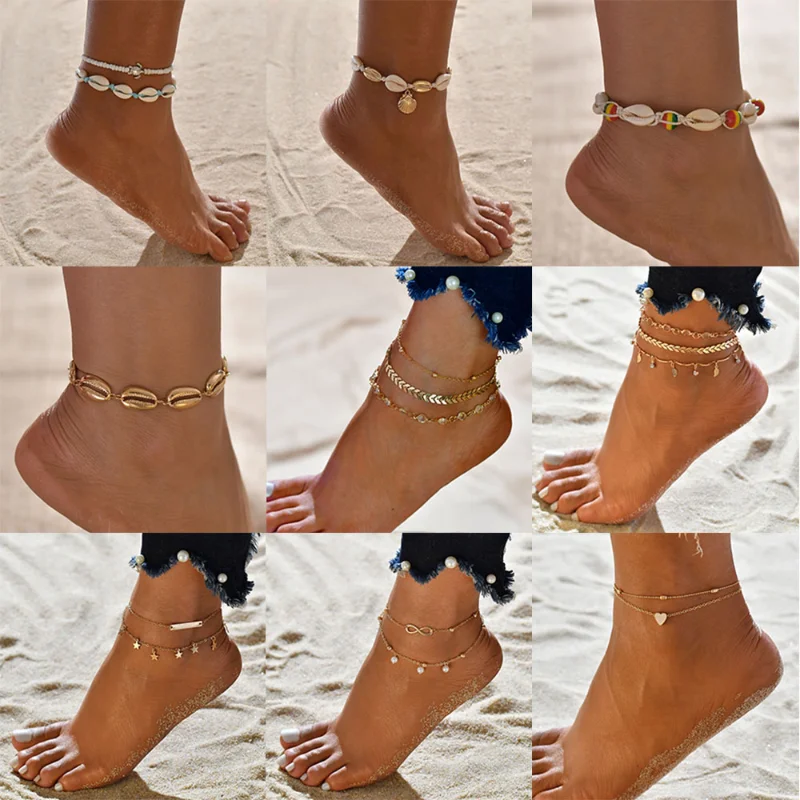 Female Bohemian Shell Heart Summer Anklets For Women Ankle Bracelets Girls Barefoot on Leg Chain Jewelry Sets Accessories Gift