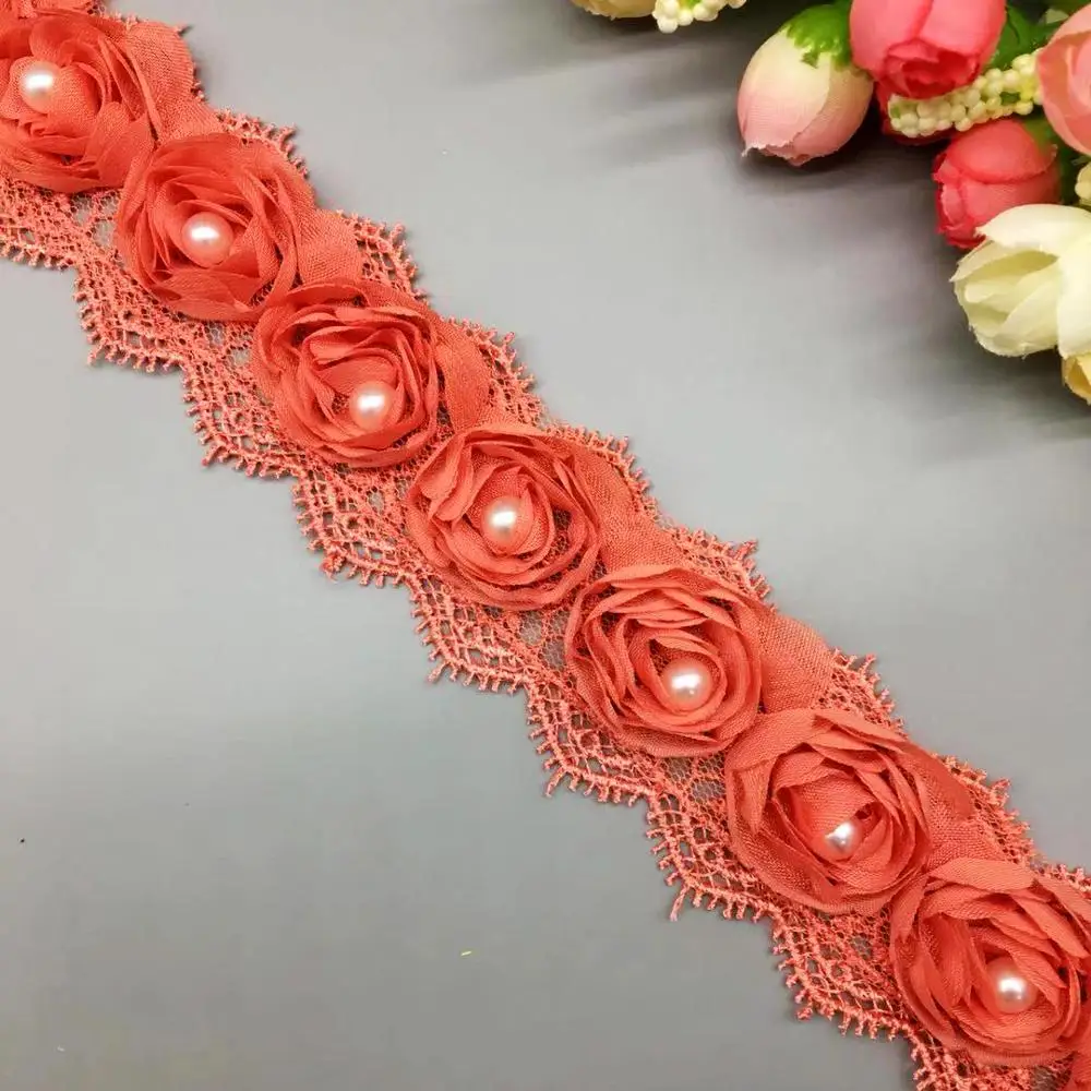 Watermelon Red 20x жемчужные 3D шифоновые розы цветы кружевная отделка Лента ткань ручной работы вышитая аппликация свадебное платье Шитье Ремесло Декор - Цвет: Watermelon Red