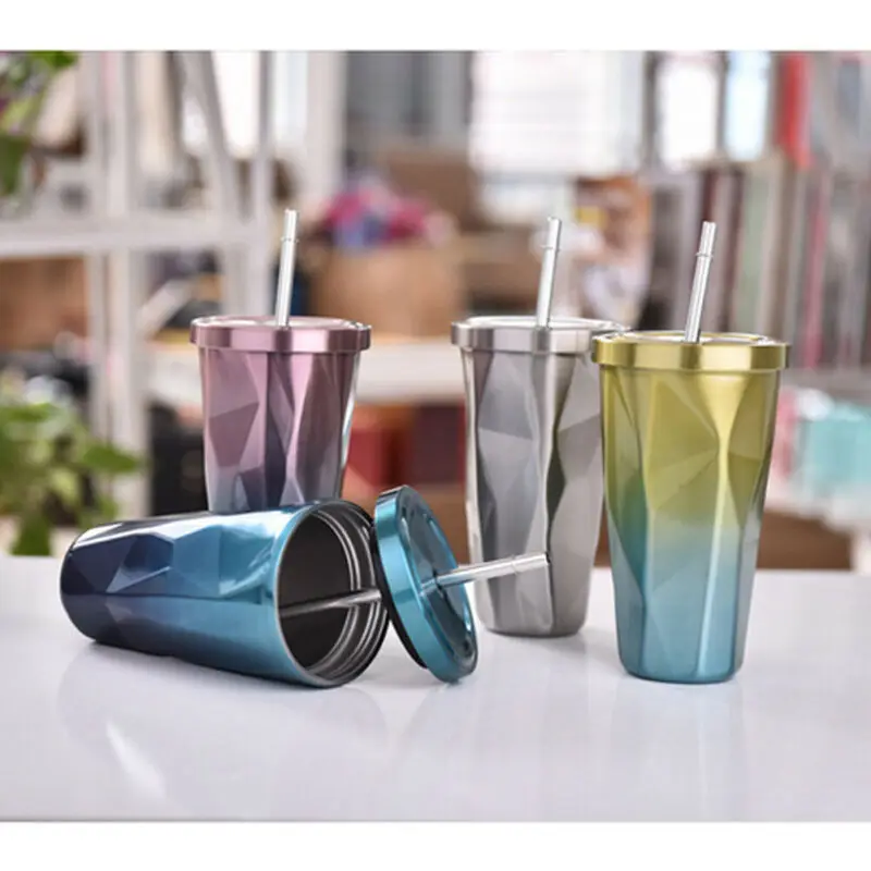 Креативные чашки из нержавеющей стали с алмазным градиентом и соломинкой 500 мл
