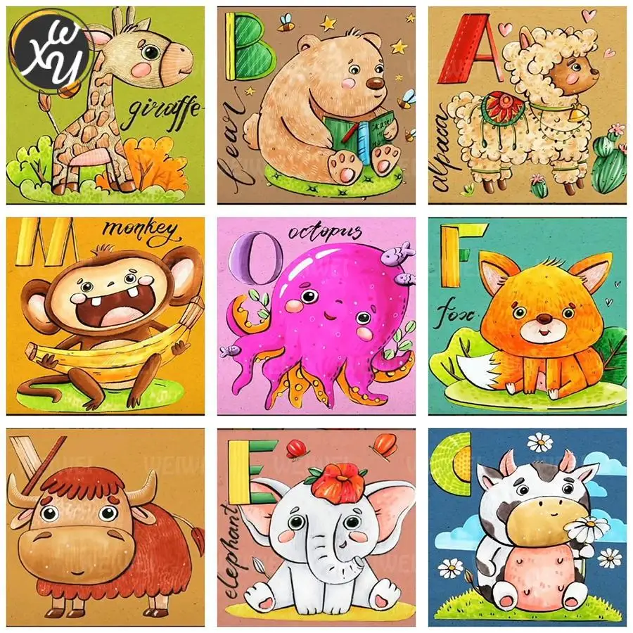 

Animals Letters 5D Diamond Painting Kits for Adults Cute Word Diamond Painting Accessories Fox Monkey Elephant Cross Stitch Kits