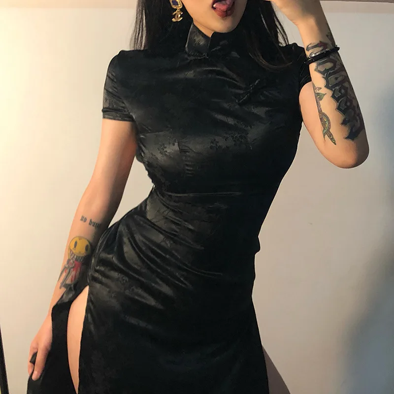 

Chinese Style Dress Modern Qipao For Women Black Embroidered Sexy Slit Oriental Casual Party Performance Cheongsam Dress
