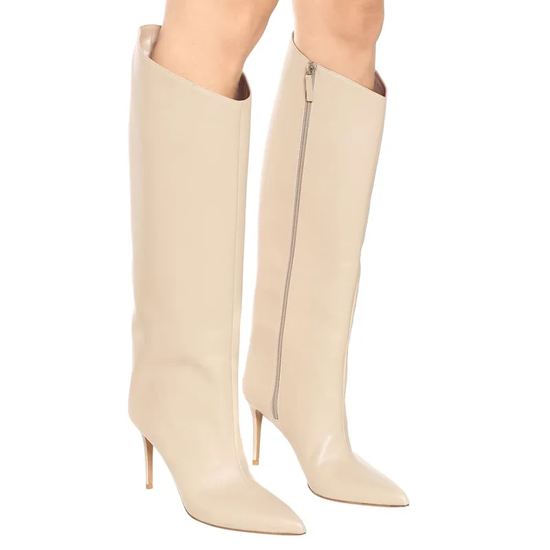 2021 Ladies Large Size Pointy Stiletto Heel Inside Full Zipper Knee High Boots Winter New Black and White Boots