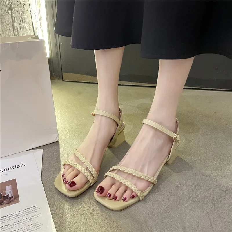 

Clear Heels 2021 Sandals Black Shoes for Women Med Open Toe Buckle Strap All-Match New Beige Comfort Girls Fashion Block Medium