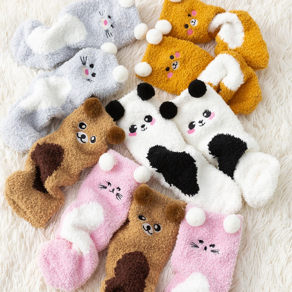 Women Cute Cartoon Animal Fuzzy Socks Winter Warm Fleece Kawaii Panda Bear Cat Fluffy Socks Casual Fashion Home Floor Sleep Sock