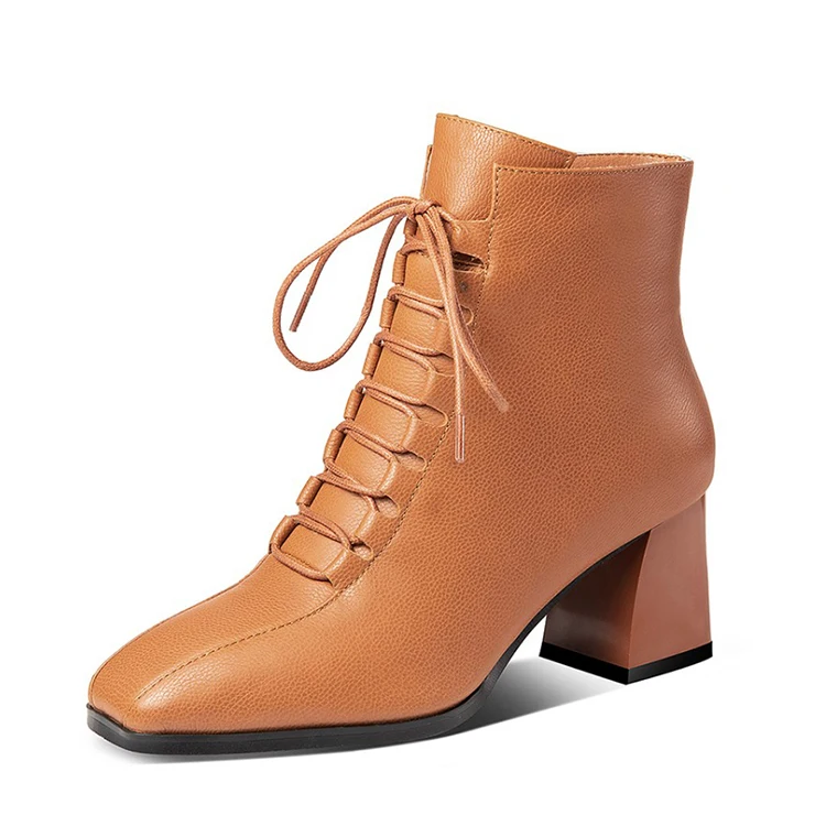 

MLJUESE 2020 women ankle boots cow leather winter short plush lace up brown color square toe square heel high heels female boots