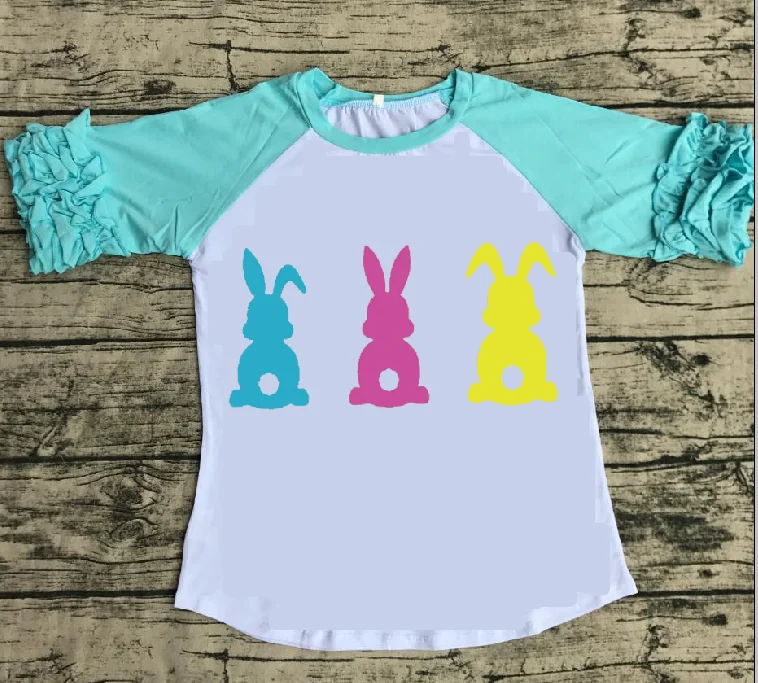 

new arrival Easter baby girls blue purple bunny cute cotton boutique top T-shirt raglan children clothes ruffles icing sleeve