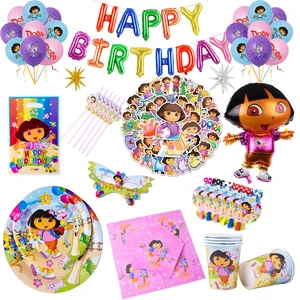 Dora the Explorer принадлежности для тематической вечеринки наборы для девочек, украшения на день рождения, бумажная тарелка, чашка, скатерть, латексный шар, детский душ