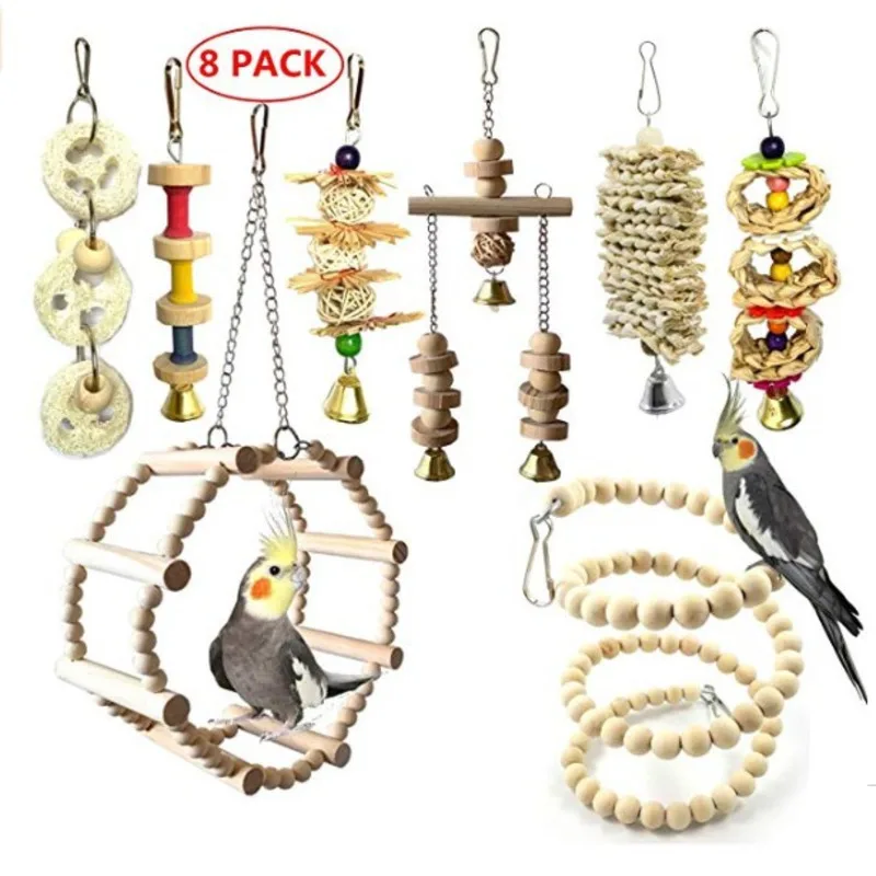 

8 Pcs Combination Parrots Interactive Toys And Bird Accessories For Pet Swing Stand Budgie Parakeet Cage Chew Wooden Supplies