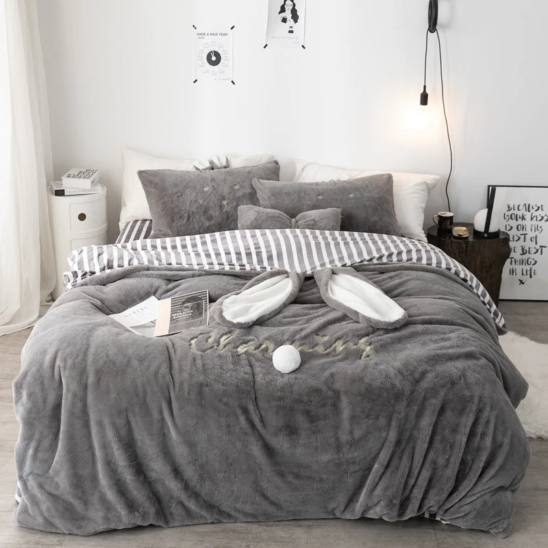 Зимние Бархатные постельные принадлежности с серыми заячьими ушками набор