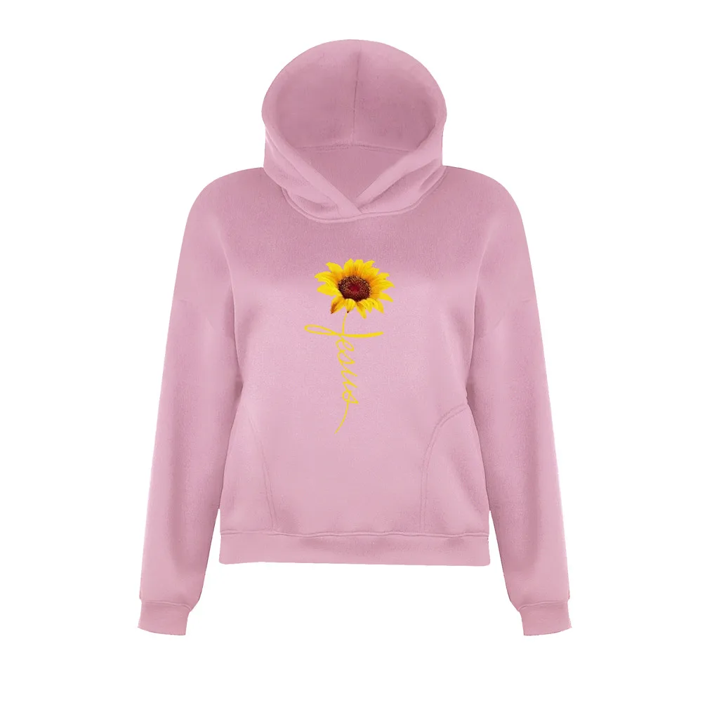 SAGACE женская мода с принтом подсолнуха длинным рукавом капюшоном водолазка