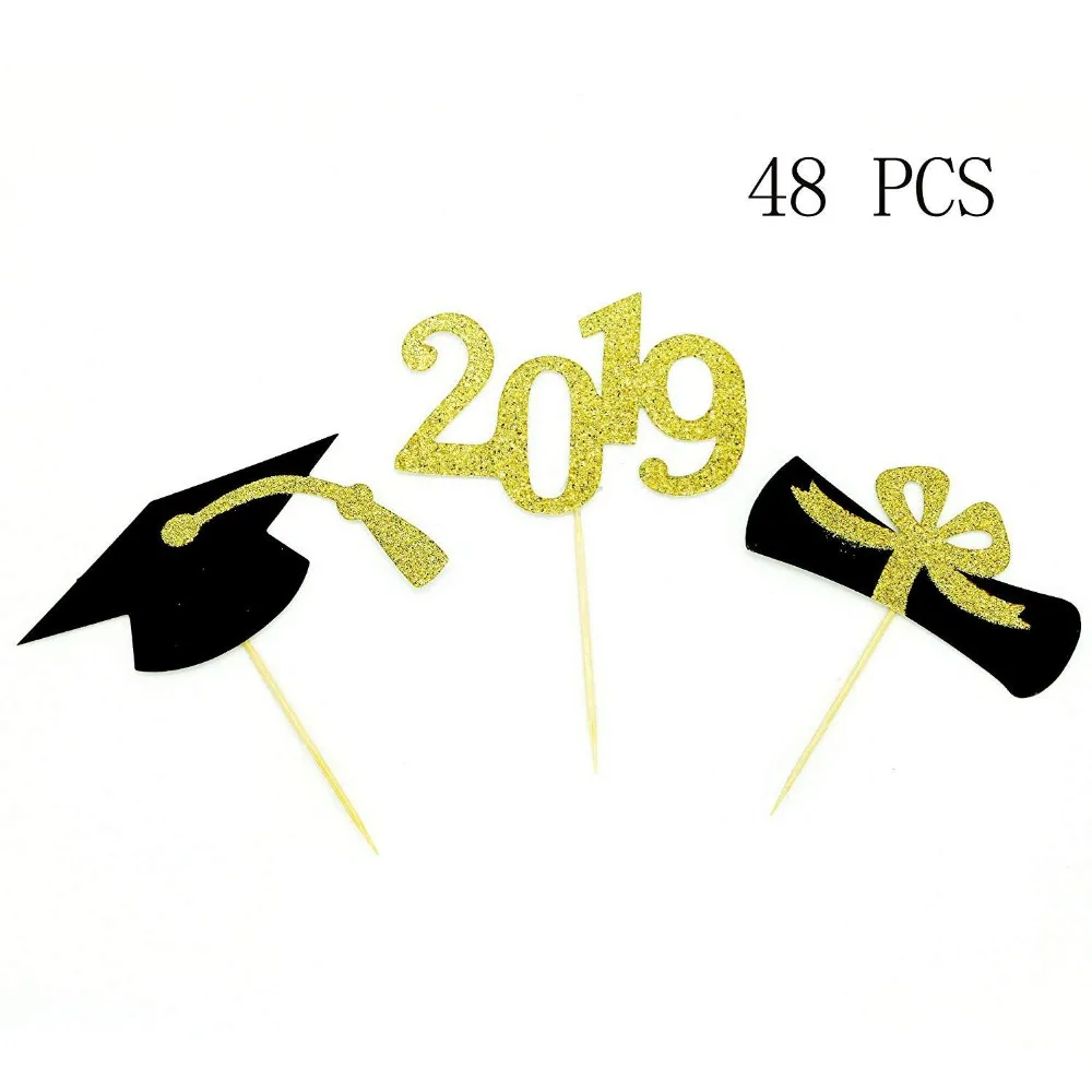 Золотой и черный 48 шт./компл. Bling 2019 + дипломы колпачки Выпускной Декор реквизит для фотостудии|Реквизиты
