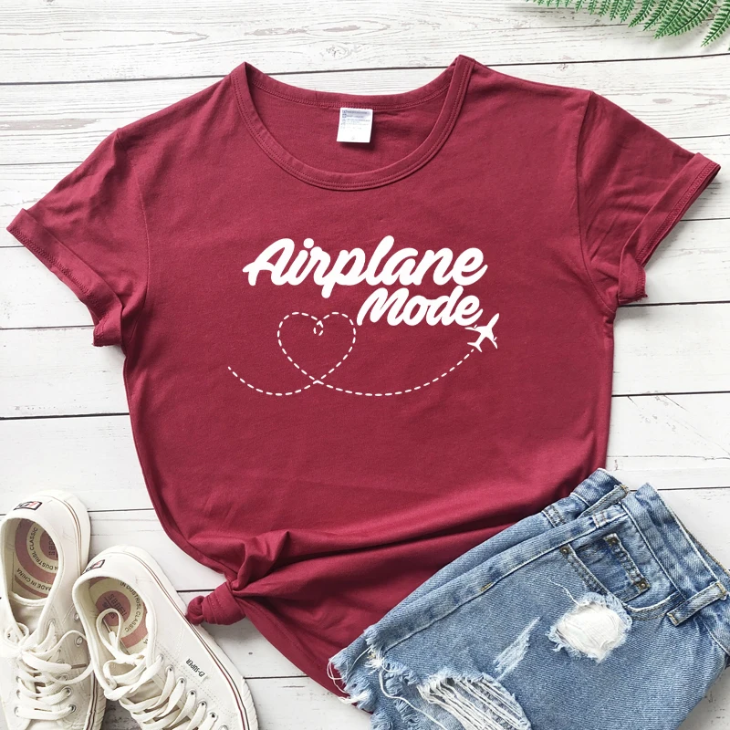 burgundy-white text Стильная женская футболка с изображением самолета, для путешествий и отдыха, Повседневная летняя забавная футболка с графикой Tumblr - Цвет: burgundy-white text