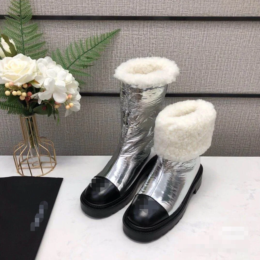 

Fashion New Silver Metallic Leather Cozy Warm Wool Boots Round Toe Slip on Platform Boots Shoes Women 2021 High Quality Boots