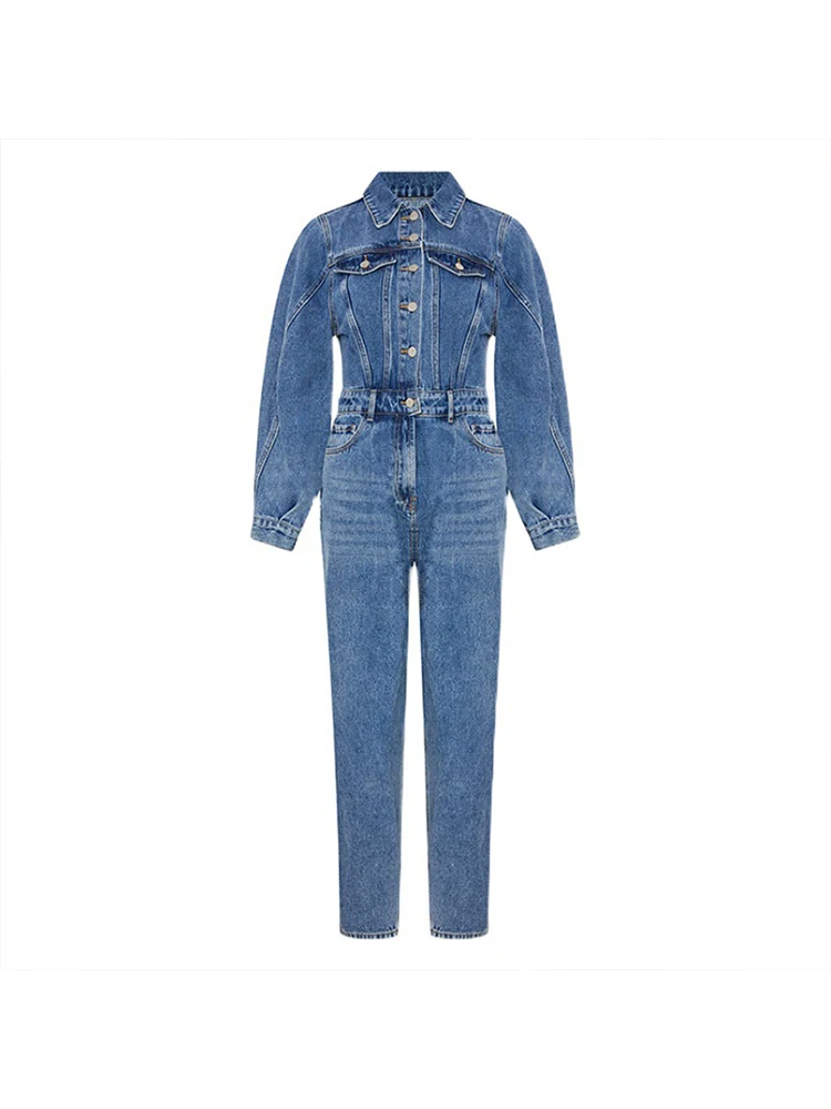 

Women's Lapel Collar Denim Jumpsuit Slim Long Sleeve Button Closure Romper Combinaise Jean Femme Overalls