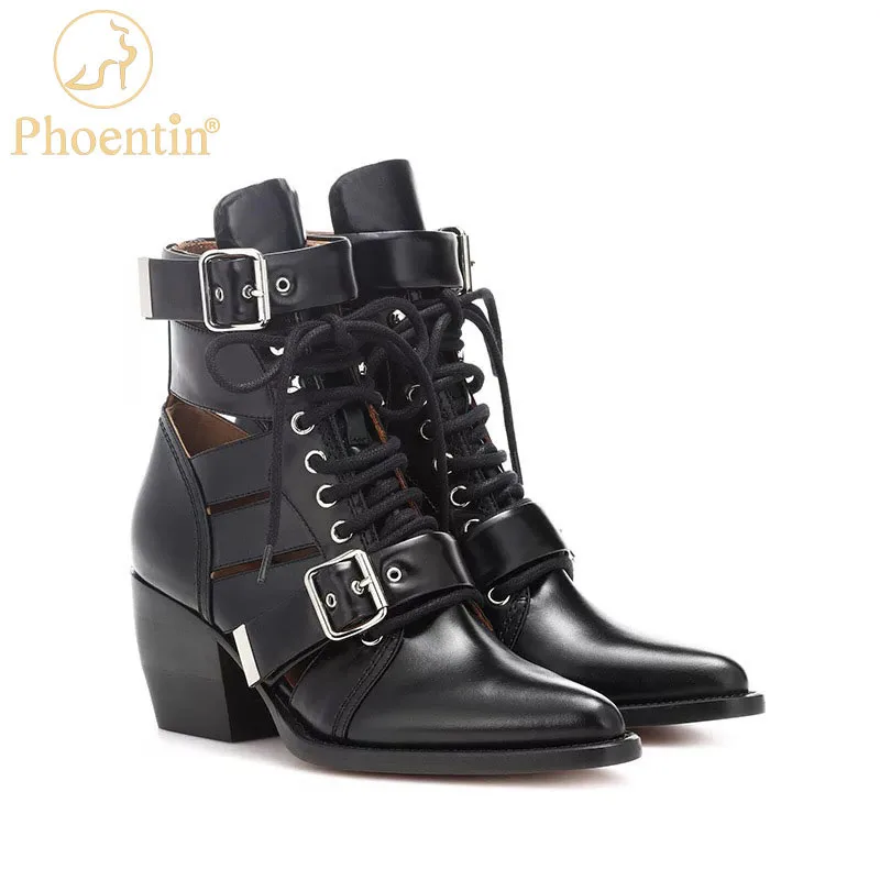 

Phoentin genuine leather summer boots gothic lace up shoes female with buckle wedges heels pointed toe gladiator sandals FT1112