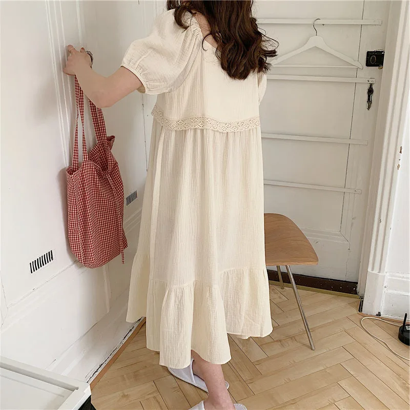 2021 Summer New Korean Pure Cotton Long Skirt Bubble Sleeve Lace Nightgown Home Clothes Women's Nightdress Female Sleepwear