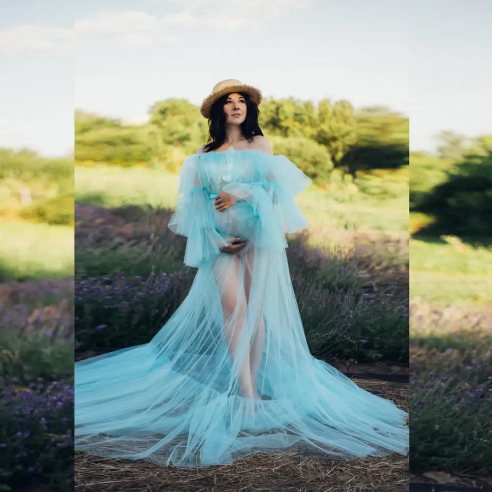 2020 Charming Sky Blue Tulle Maternity Robe For Bridal Photo Shoot Tulle Maternity Dressing Gown Fluffy Off The Shoulder Gown