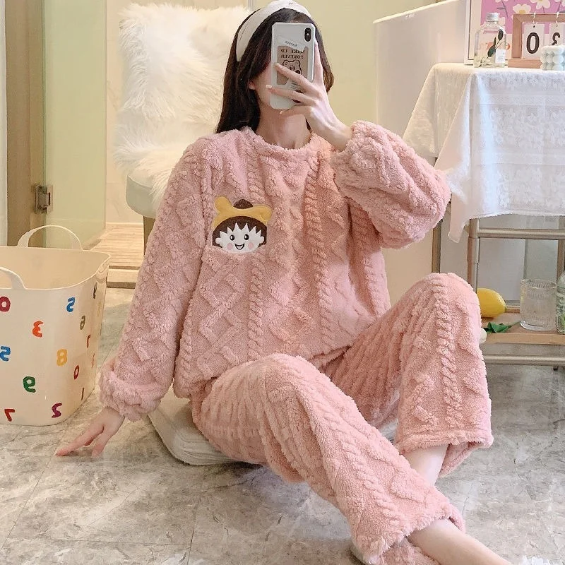 Pajamas Female Winter Coral Plush Thickened Plush Cute Cartoon Large Flannel Home Clothes Set  Pajamas for Teen Girls  Kawaii