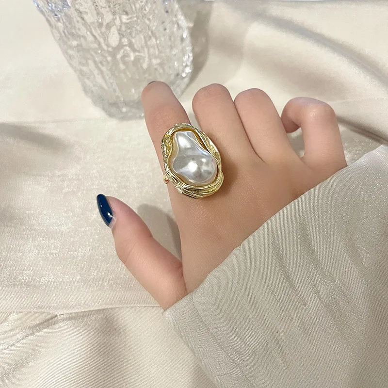 

Retro Fashion Geometrical Irregular Baroque Pearl Ring For Women Open Resizable Index Finger Rings Party Jewelry Gift New