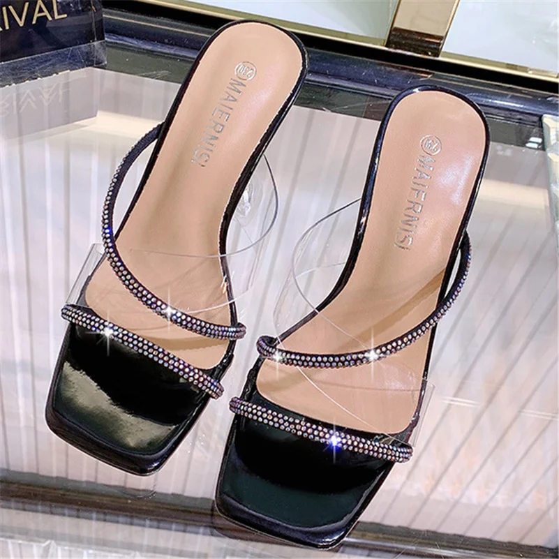 2022 Women Summer 9cm High Heels Slides Mules Lady Transparent Crystal Glitter Slippers Sandals Clear Heels PVC Sparkly Shoes images - 6