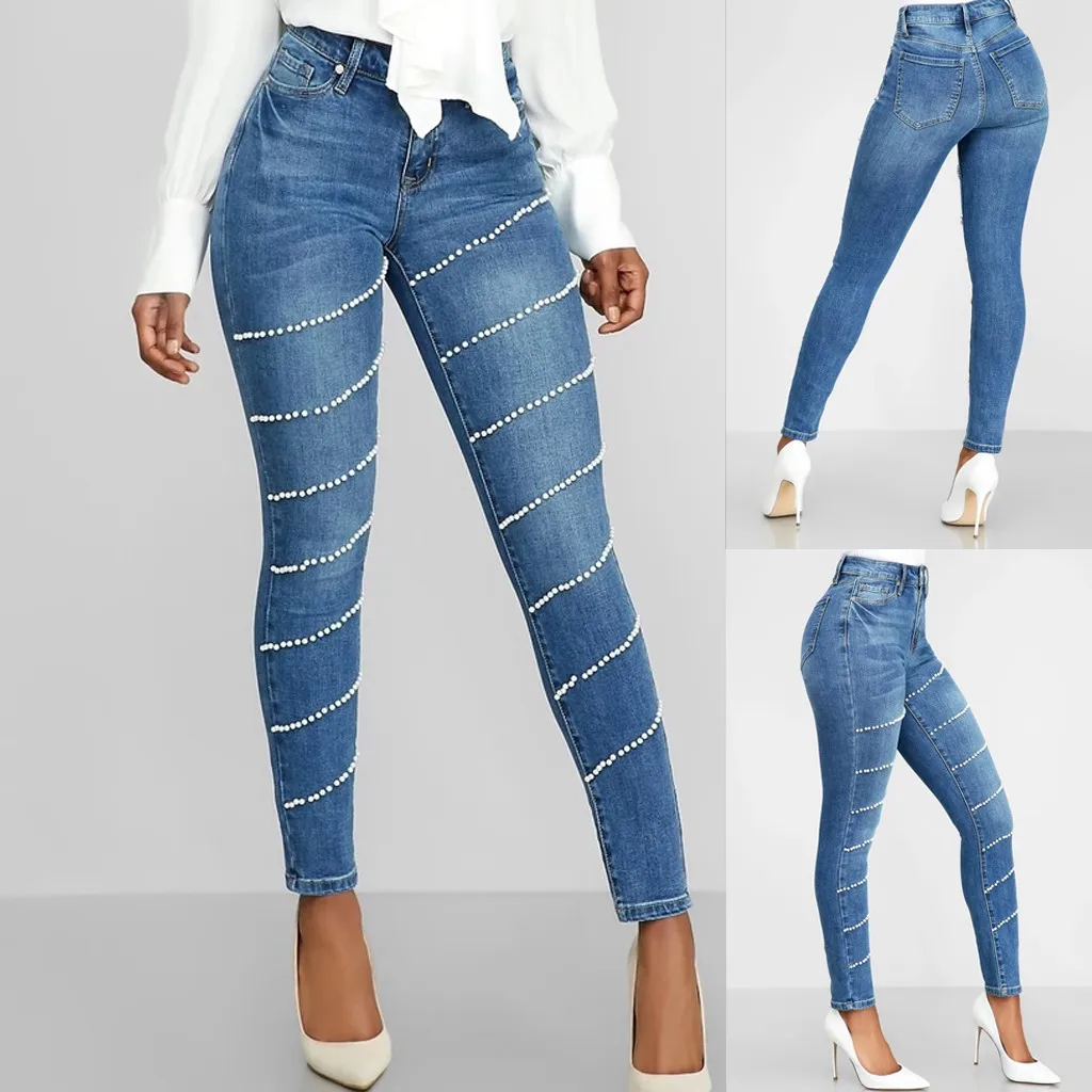 

Vogue Nice Classic Ladies High Waist Button Zipper Denim Bead Pocket Jeans Ladies Casual Pencil Pants Solid Color high-grade