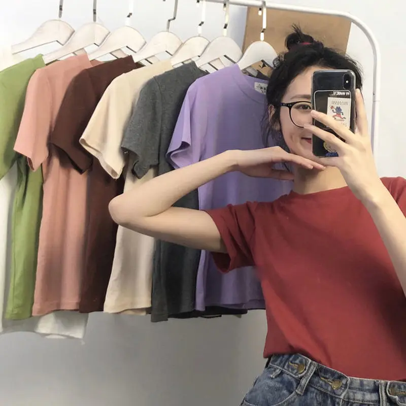 

New Women T shirt Fashion Black White Tops Tee Summer Cotton T shirt Cute Ladies Short T shirt Casual Solid Color Clothing M~XL