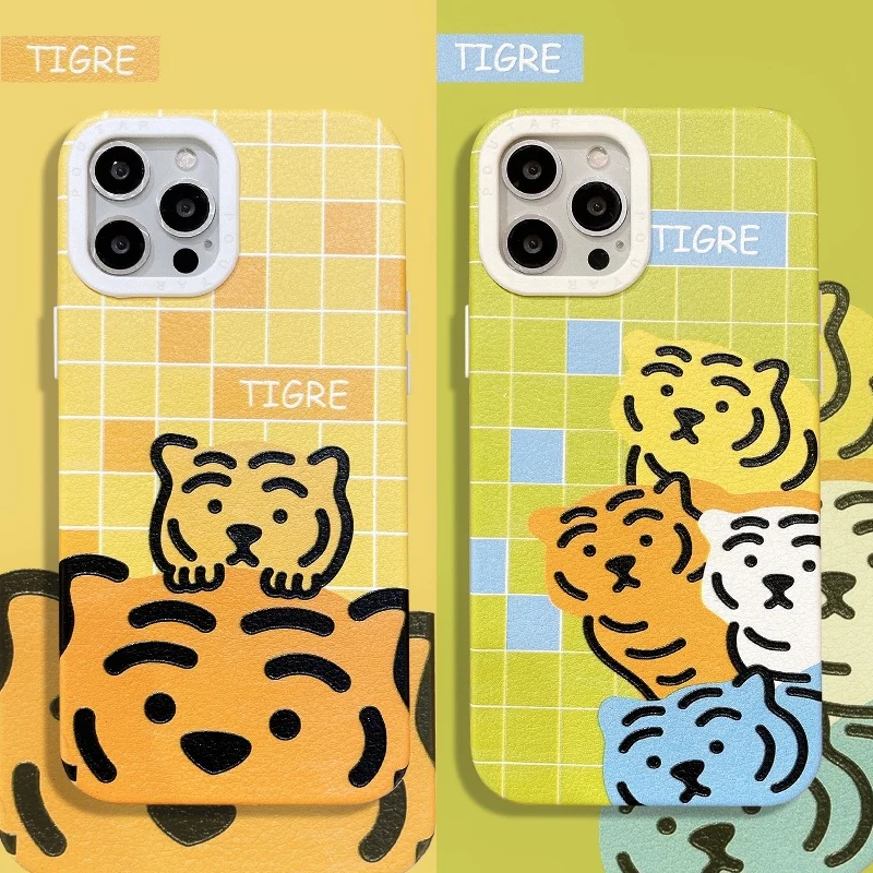 

sumkeymi Vintage Grid Cute Tiger Soft TPU Silicone Phone Case For iPhone 13 Pro Max 12 11 Pro Max X XR XS 7 8 Plus Cover