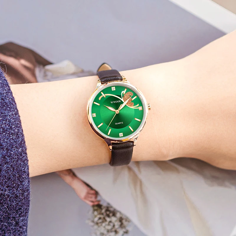 WWOOR 2022 New Designer Women Watches Top Brand Luxury Diamond Ladies Dress Watch Women Fashion Green Female Leather Reloj Mujer