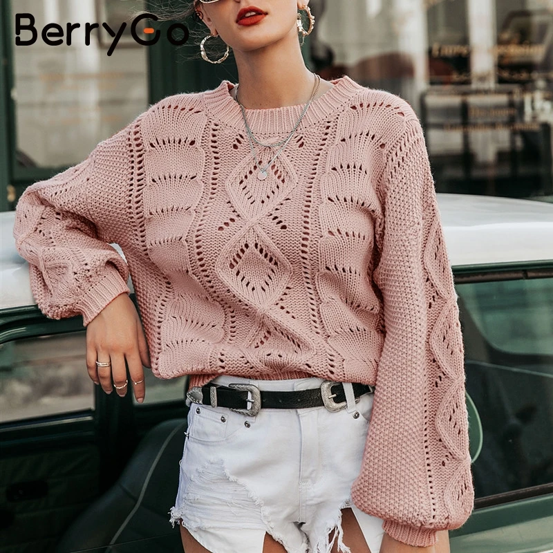 BerryGoвыдолбленный вязаный женский пуловер Свитера с рукавами-фонариками