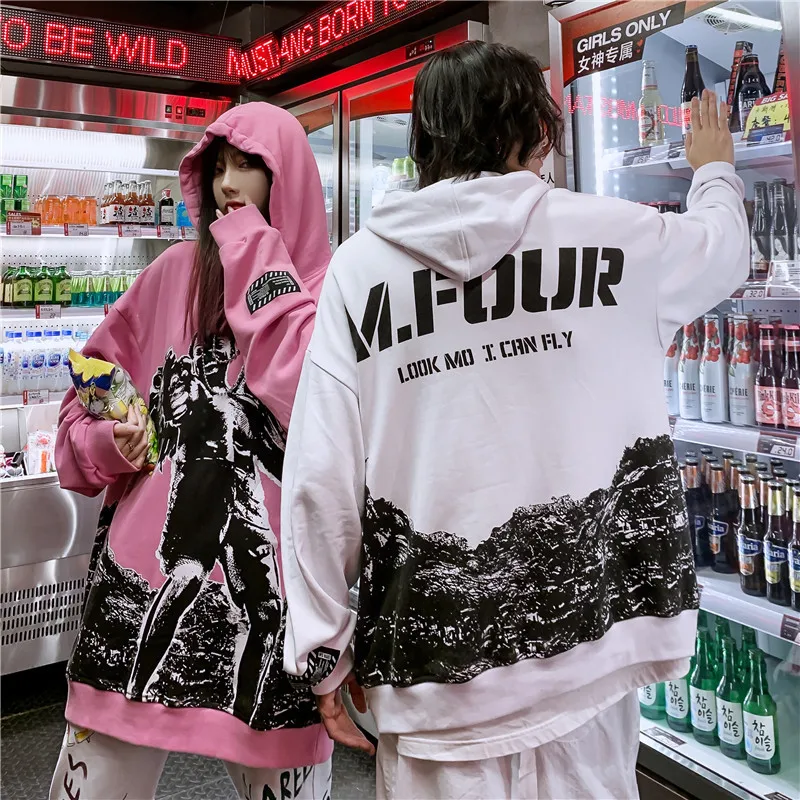 

Harajuku Creative Print Hoodie Men Hip Hop Sweatshirts and Hoodies Loose Hooded Pullover Streetwear 2020 Men Gray Pink WQ078