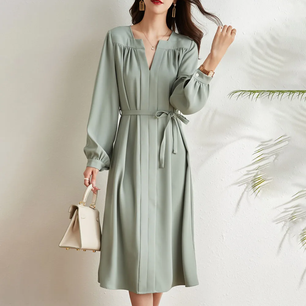 

Autumn Long-sleeved French Temperament Fairy Dress Women's Green Casual Mid-length Dresses 2021 New Style Office Lady Clothing
