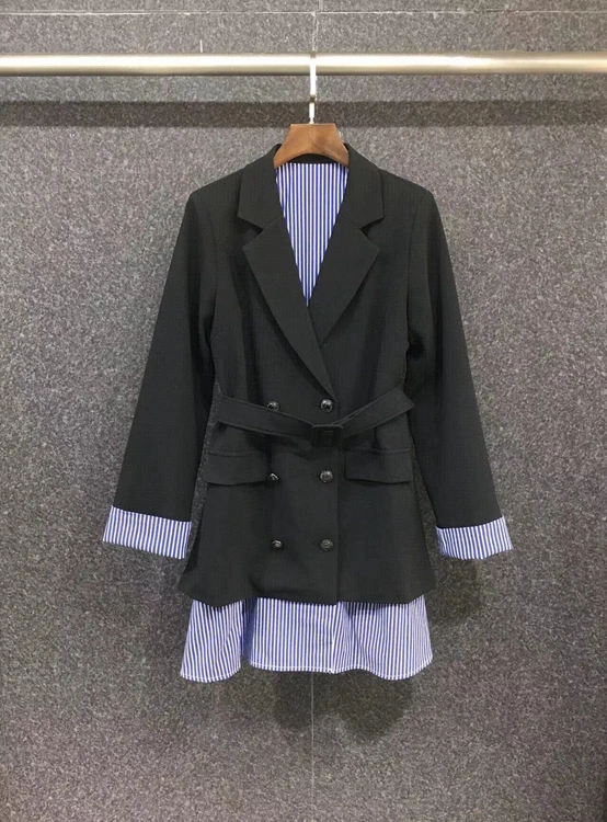 

2021 new women fashion lapel double-breasted decorative buckle belt and stripes fake two-piece suit dress 1106