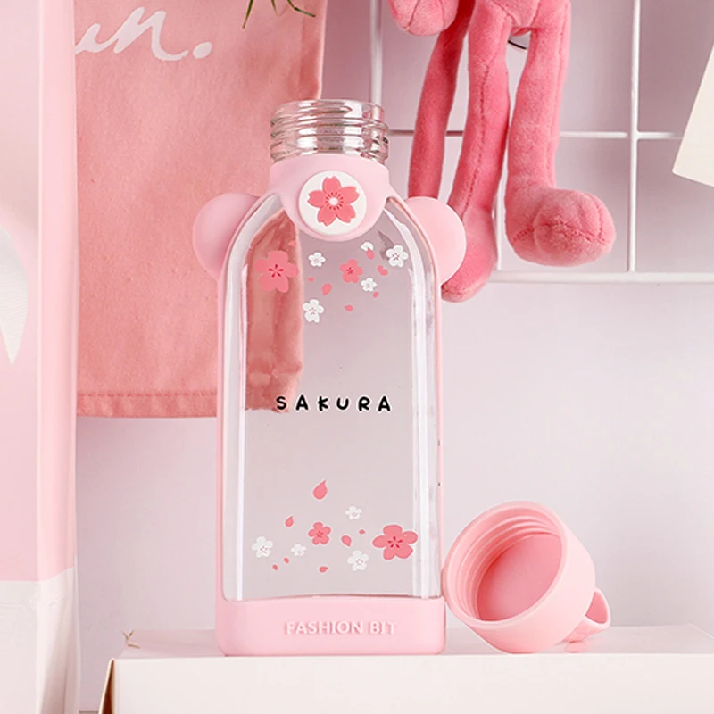 Стеклянная бутылка для воды узор цветущей сакуры прозрачная креативная свежая