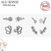 fit original luxury 925 sterling silver authentic flowers pan earrings for women high quality fashion jewelry wedding gift