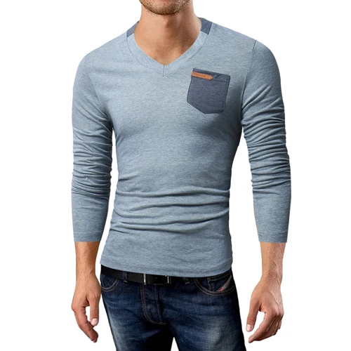 2017 men's new casual long-sleeved T shirt pocket spell color fashion V-neck | Мужская одежда