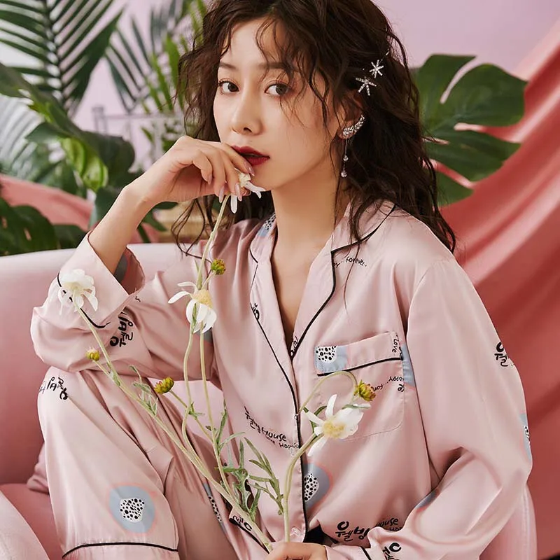 

Autumn Full-sleeve Top+Pants 2pcs Pajamas Set Korean Version Girls Ice-Silk Soft Thin Sweet Mulberry silk Cartoon Bubble Print