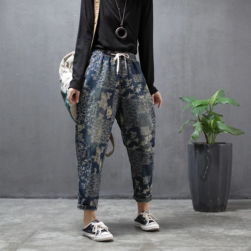 Женские джинсы с винтажным принтом свободные шаровары высокой талией