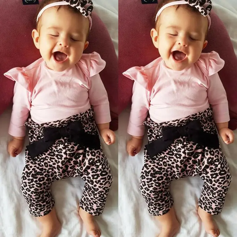 Одежда для маленьких девочек топы с длинным рукавом + брюки бантом и леопардовым