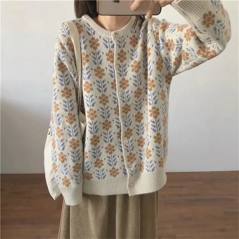

2021 spring and autumn clothes for women Loose round collar Floral Print Women coat Korean style Sweet femme top