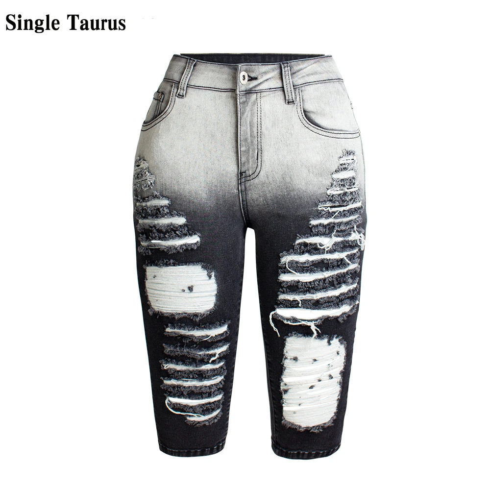 

2021 эластичные облегающие джинсы, женские Прямые рваные джинсы длиной до колен, с эффектом усов, размера плюс состаренные джинсовые брюки