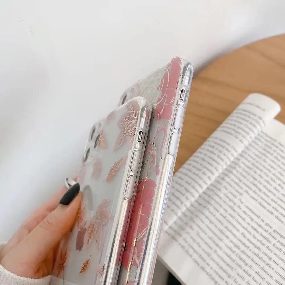 

Fashion Plating Rose Flower Clear Phone Case for iphone 11 Pro Max XR X XS Max 7 8 Plus SE2020 Plant Maple Leaf Glossy Cover