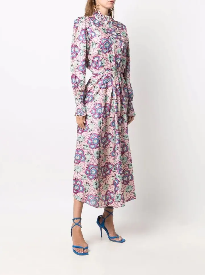 

Floral Print Ruffles Midi Dress Women Elastic Waist Long Sleeve French Romance Female Robes 2021 Early Autumn