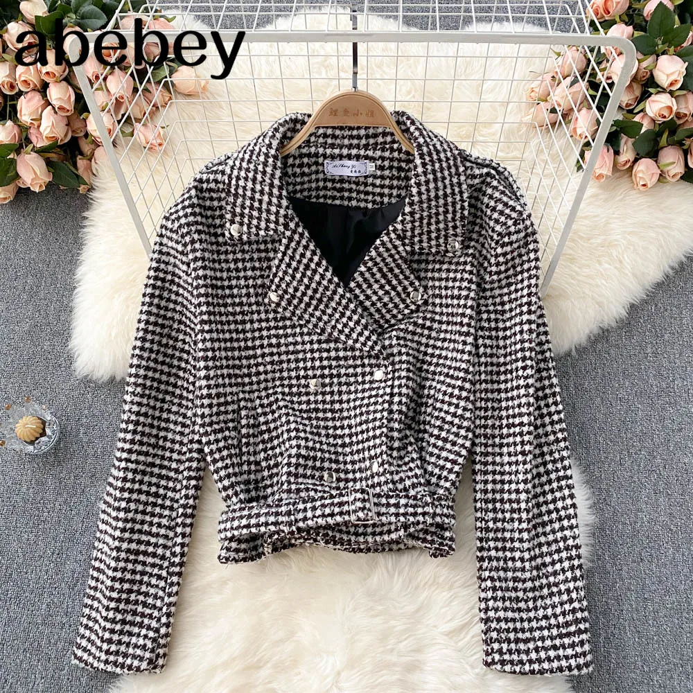 

Female Retro Houndstooth Coat Single Breasted Notched Collar Long Sleeve Tops Autumn Winter Korean Ins Short Outerwear