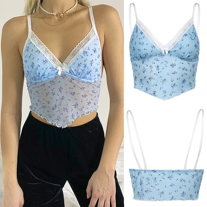 

Floral Printed V-Neck Mesh Crop Tops Women Lace-Patchwork Bow Backless Camisole Sexy Korean Fashion Tees 90S