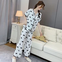 ice silk pajamas womens summer sexy sleepwear short sleeve pants printed two piece bow thin home wear female nightwear