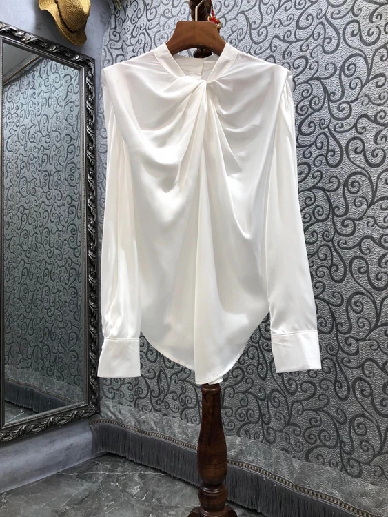 

Женский топ с длинным рукавом, универсальный топ неправильной горловины, украшенный твист, однотонный, 2021, 1013