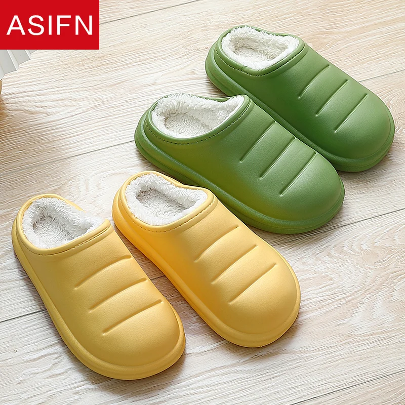

ASIFN Women Waterproof Cotton Slippers Autumn Winter Home Indoor Non-slip Thick Bottom Velvet Warm House Couples Leather Shoes