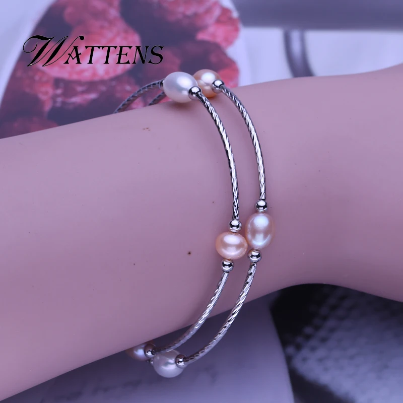 Женский браслет с натуральным пресноводным жемчугом двухслойный многоцветный