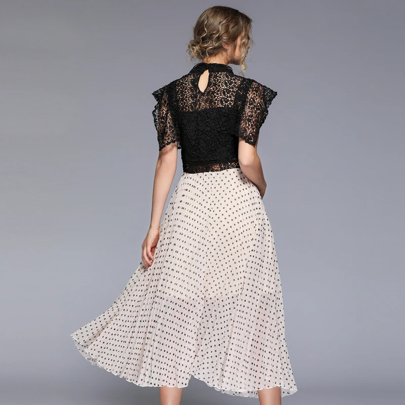 Женское винтажное платье в горошек черное кружевное с круглым вырезом