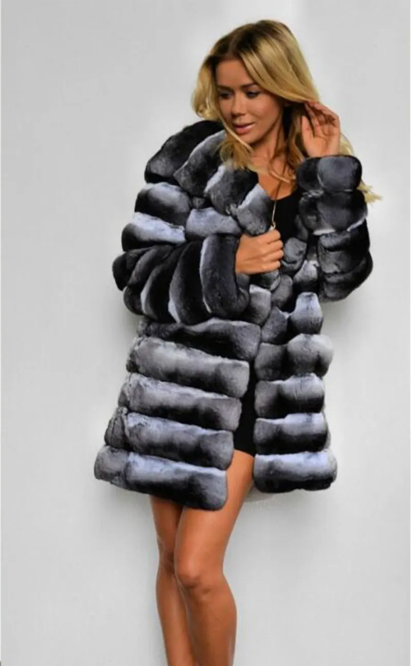 Fashion Long Real Rex Rabbit Fur Coat With Hood Thick Warm Fur Overcoat Whole Skin Genuine Rex Rabbit Fur Coat Outwear Female enlarge
